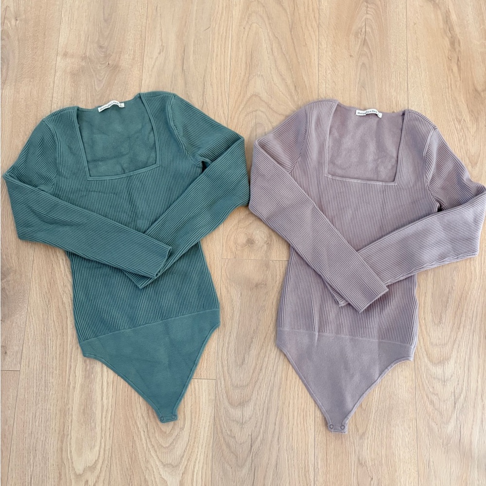 Abercrombie Ribbed Square Neck Bodysuit - Green & Mauve (Pair)